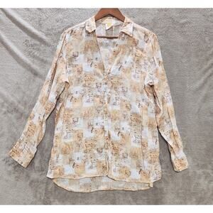 C&C California 100% Linen Fisherman Town Novelty Print Button Up Blouse Size L